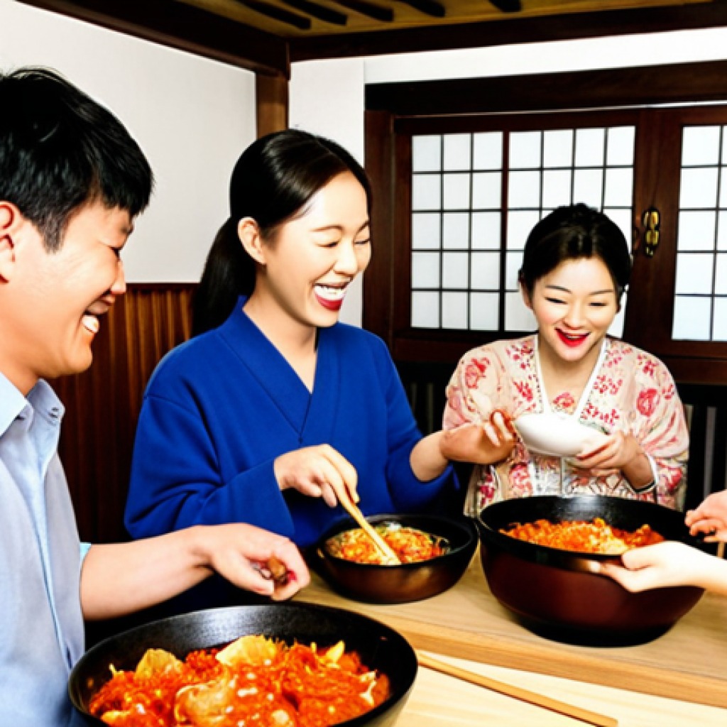 A group of international tourists joyfully participating in a 김치 (kimchi) making class in a traditional Korean home. The setting is warm and inviting, with the Korean host family sharing tips and laughter with the guests. Focus on capturing the 'Jeong' (정) – the feeling of warmth and connection – in the scene.