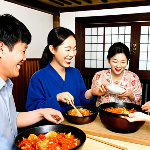 Home 4 A group of international tourists joyfully participating in a 김치 (kimchi) making class in a traditional Korean home. The setting is warm and inviting, with the Korean host family sharing tips and laughter with the guests. Focus on capturing the 'Jeong' (정) – the feeling of warmth and connection – in the scene.