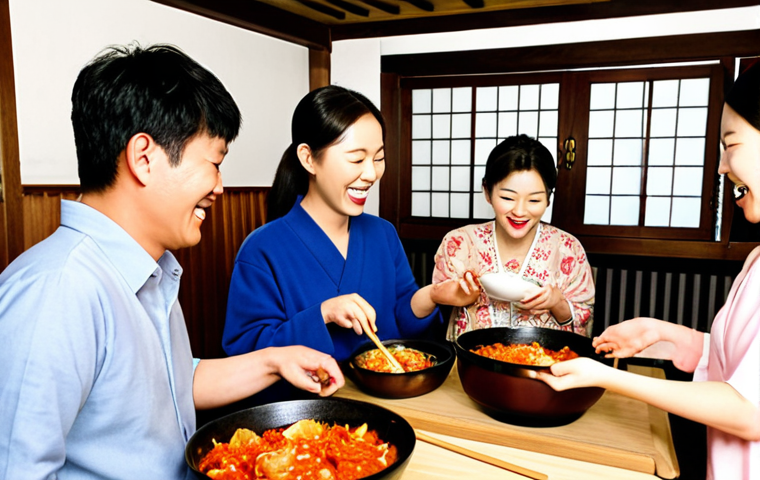 A group of international tourists joyfully participating in a 김치 (kimchi) making class in a traditional Korean home. The setting is warm and inviting, with the Korean host family sharing tips and laughter with the guests. Focus on capturing the 'Jeong' (정) – the feeling of warmth and connection – in the scene.