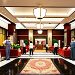 A bustling hotel lobby with diverse staff assisting tourists, showcasing job creation and economic activity benefiting local residents in a vibrant 강원도 속초 setting.