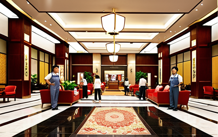 A bustling hotel lobby with diverse staff assisting tourists, showcasing job creation and economic activity benefiting local residents in a vibrant 강원도 속초 setting.
