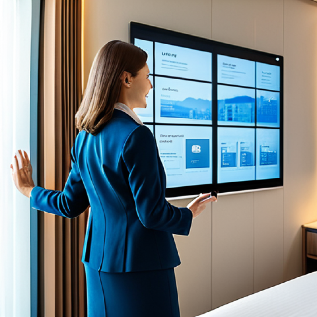 A professional adult woman, fully clothed in a modest business casual outfit, stands comfortably in a modern, smart hotel room. She is engaging with an intuitive touch-screen panel on the wall, subtly adjusting the room's personalized lighting and temperature settings. The sleek room design features integrated smart technology, with a large, clean window offering a city view. The overall atmosphere is one of serene convenience and innovation. perfect anatomy, correct proportions, natural pose, well-formed hands, proper finger count, natural body proportions, professional photography, high quality, safe for work, appropriate content, fully clothed, professional, family-friendly.