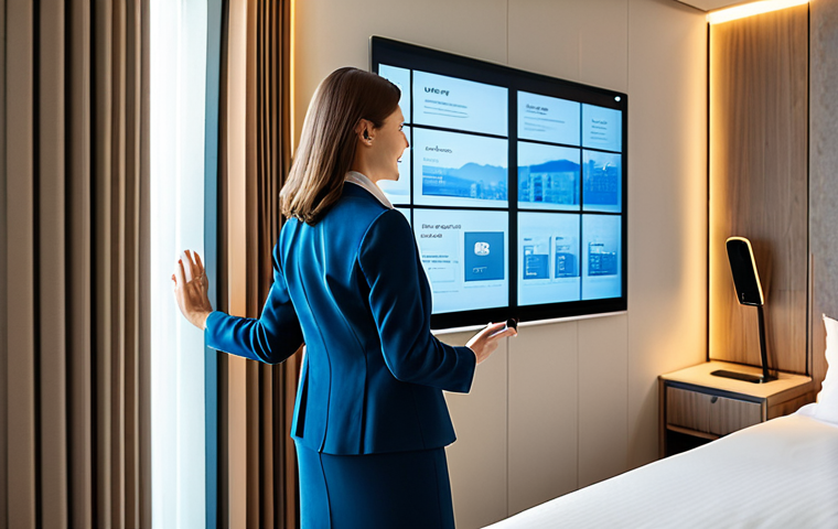 A professional adult woman, fully clothed in a modest business casual outfit, stands comfortably in a modern, smart hotel room. She is engaging with an intuitive touch-screen panel on the wall, subtly adjusting the room's personalized lighting and temperature settings. The sleek room design features integrated smart technology, with a large, clean window offering a city view. The overall atmosphere is one of serene convenience and innovation. perfect anatomy, correct proportions, natural pose, well-formed hands, proper finger count, natural body proportions, professional photography, high quality, safe for work, appropriate content, fully clothed, professional, family-friendly.