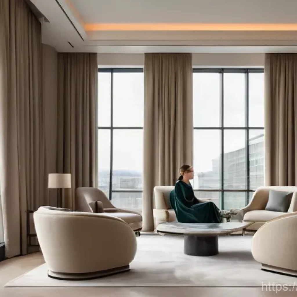 호텔 마케팅 전략 - A contemporary, minimalist hotel lounge designed with abundant natural light streaming through large...