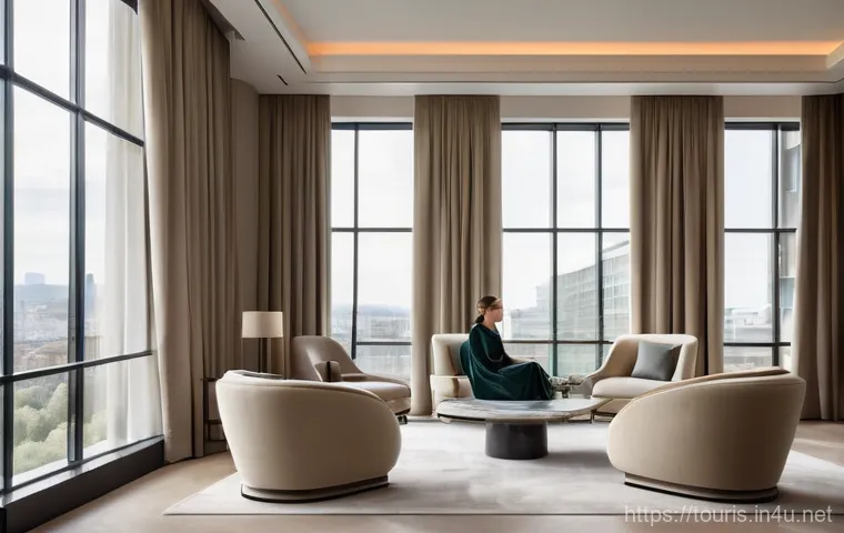 호텔 마케팅 전략 - A contemporary, minimalist hotel lounge designed with abundant natural light streaming through large...