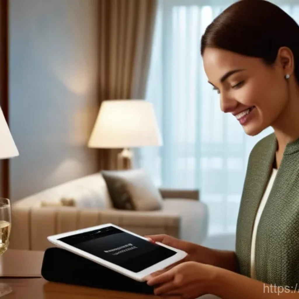 호텔 고객 관리의 최신 트렌드 - A sophisticated female traveler in her early 30s, dressed in stylish yet comfortable attire, is ente...